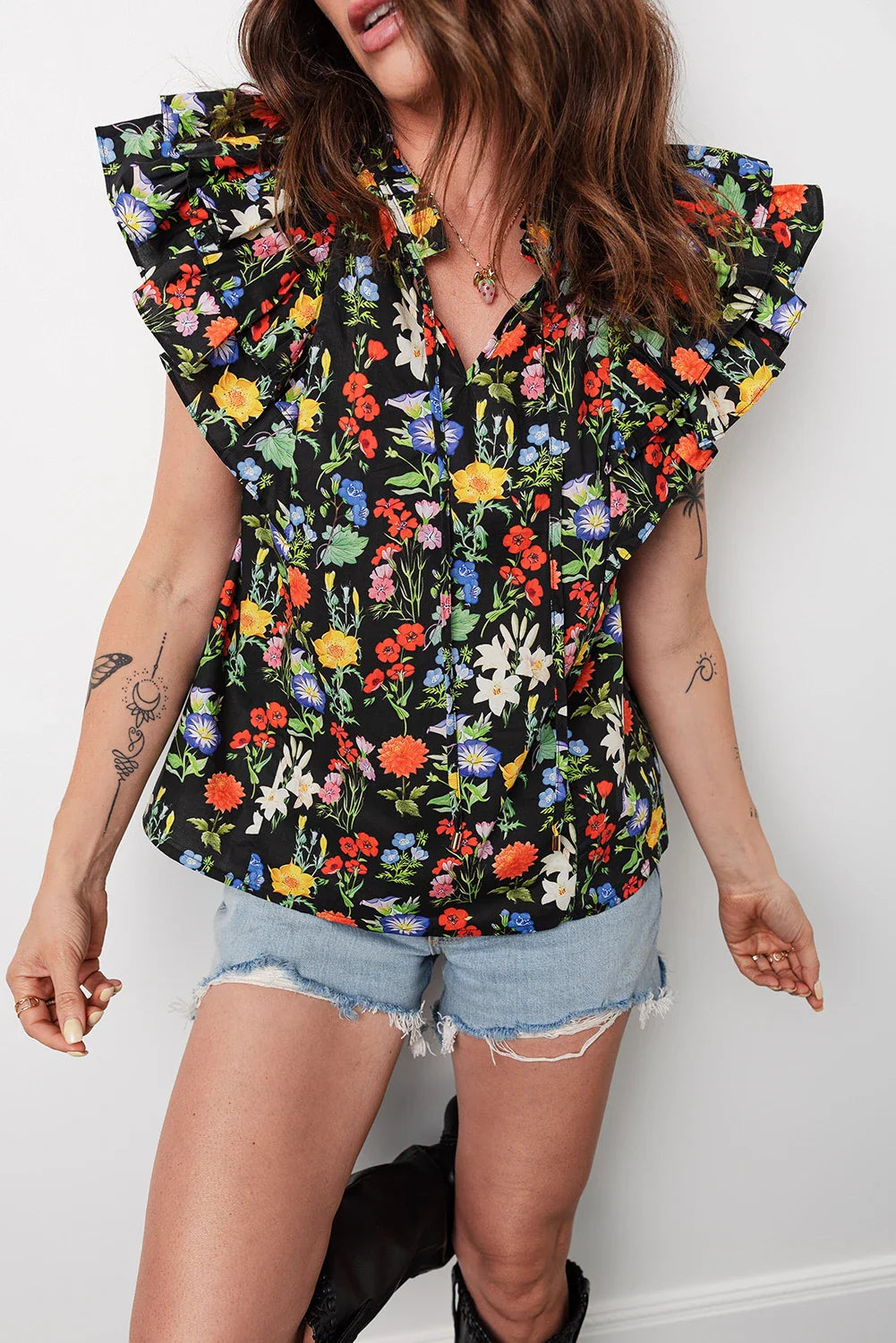 Robbie - Black Tiered Flutter Sleeve V Neck Flower Blouse