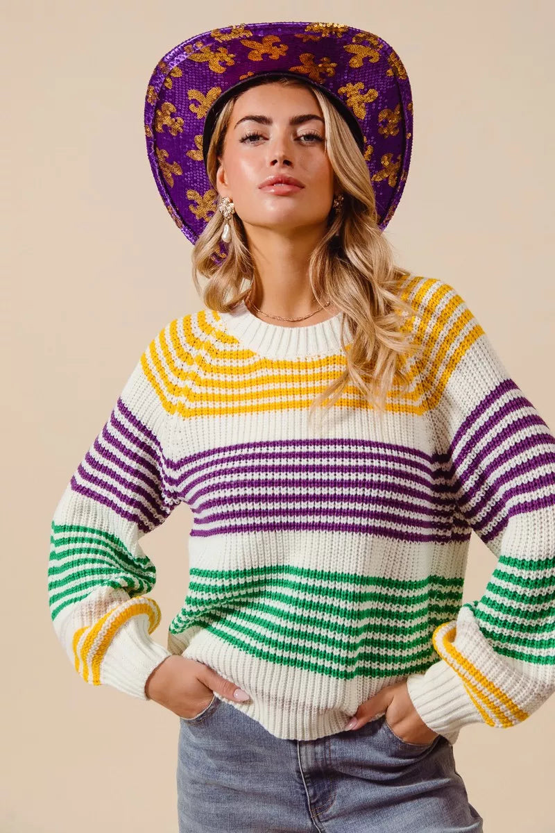 SO ME Mardi Gras Striped Raglan Sweater Top For Women Bold Colors Cozy Knit Giftable Holiday Essential