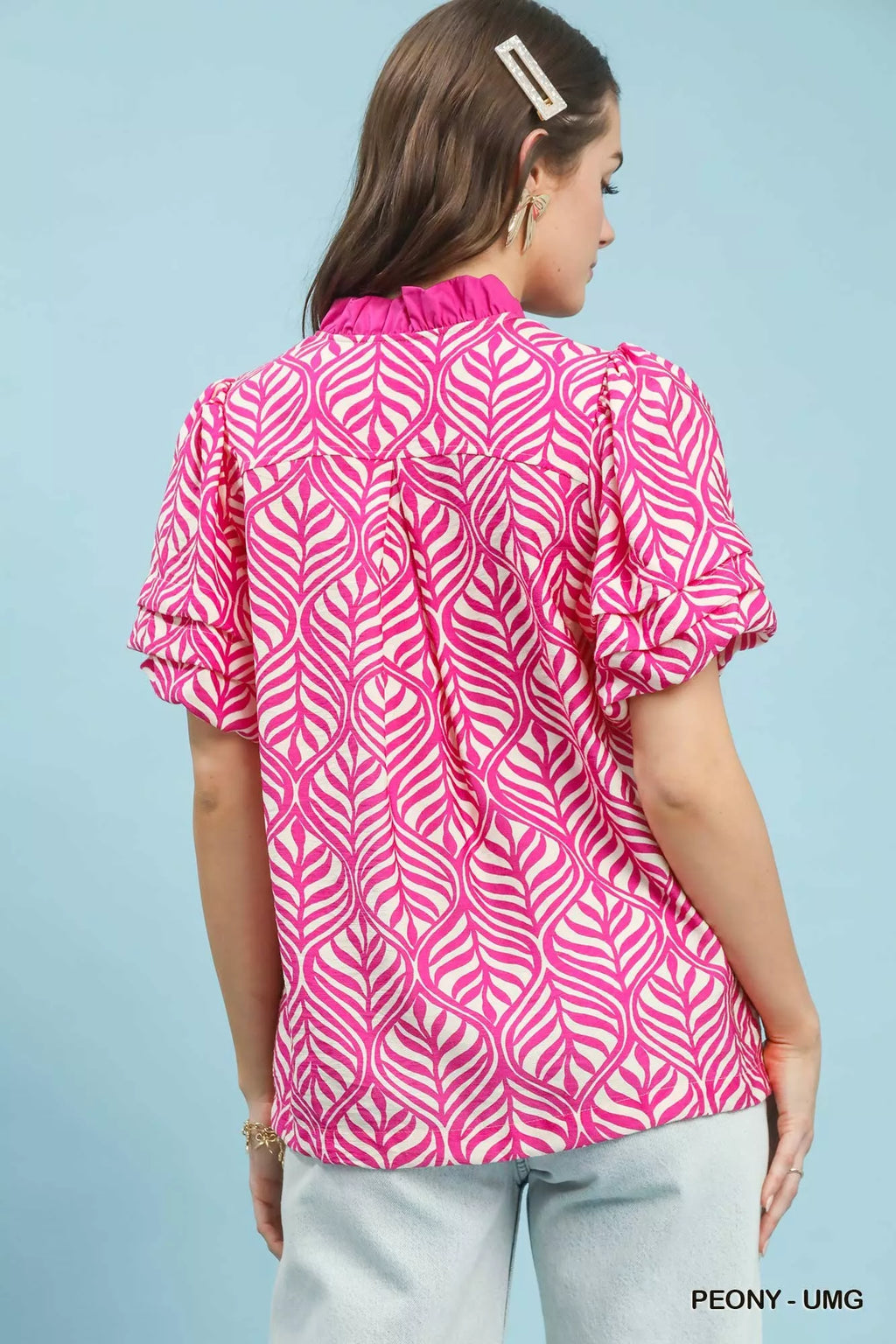 Umgee Printed Puff Sleeve Ruffle Neck Top