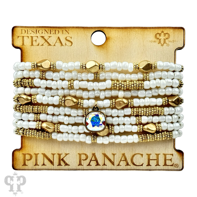 Gold, silver and white pony bead stacked bracelet