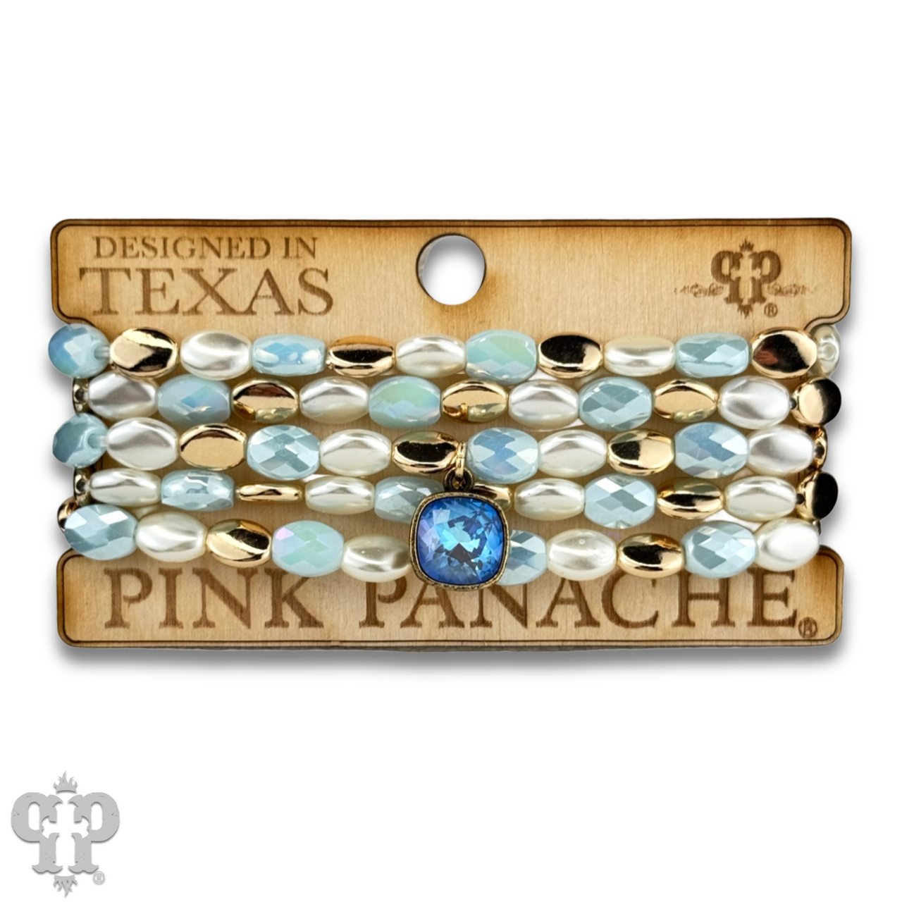 Glass and acrylic oval bead bracelet set with Austrian crystal charm