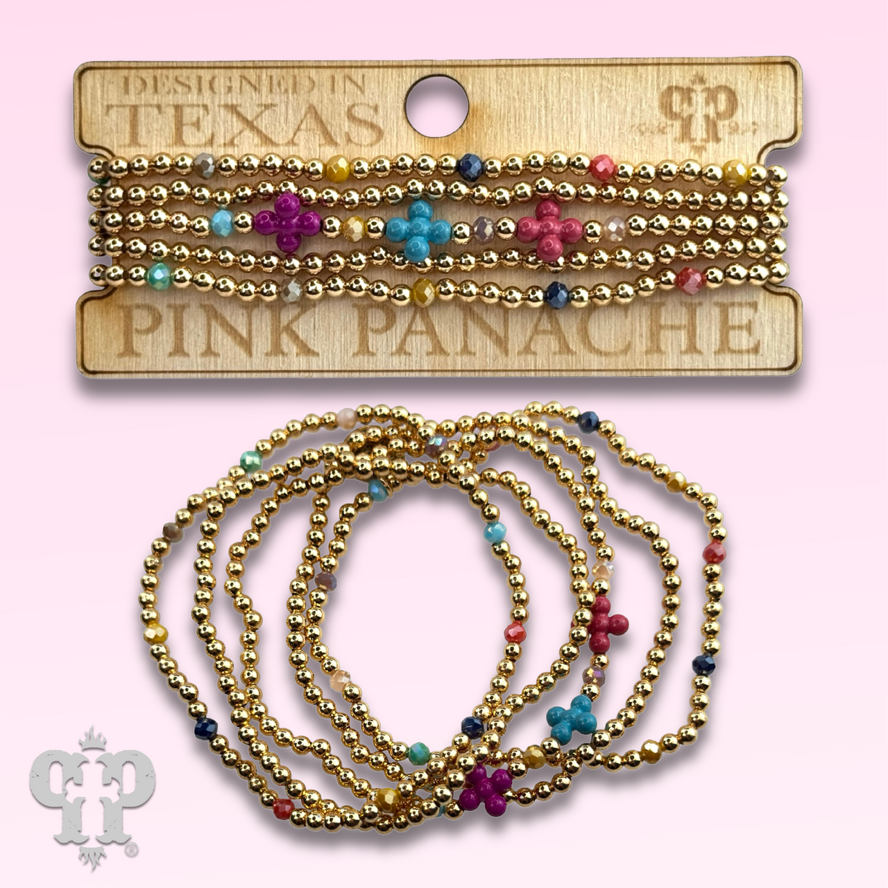 Multi-color cross and gold bead bracelet