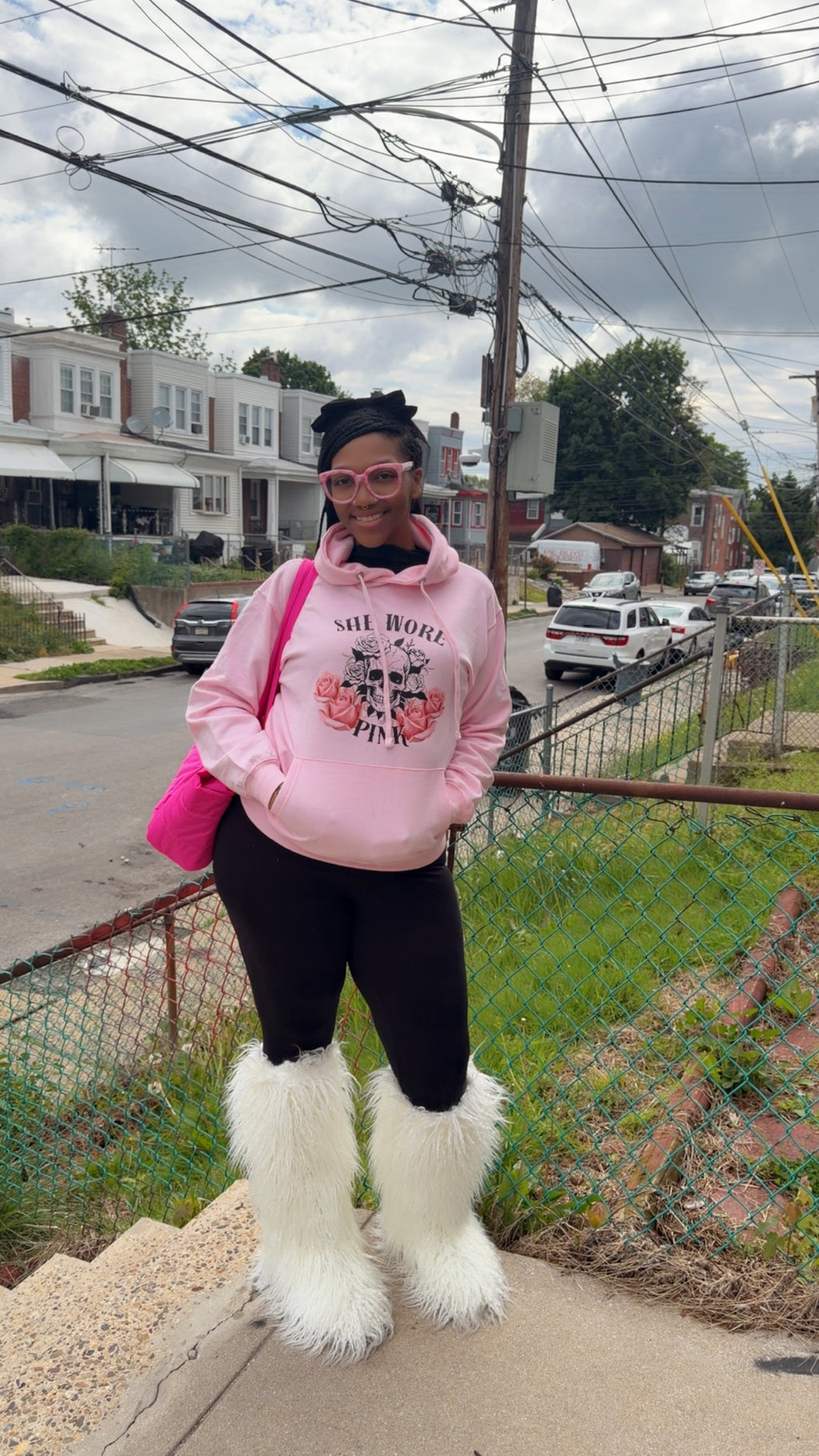 She wore Pink Skull and Roses Hoodie