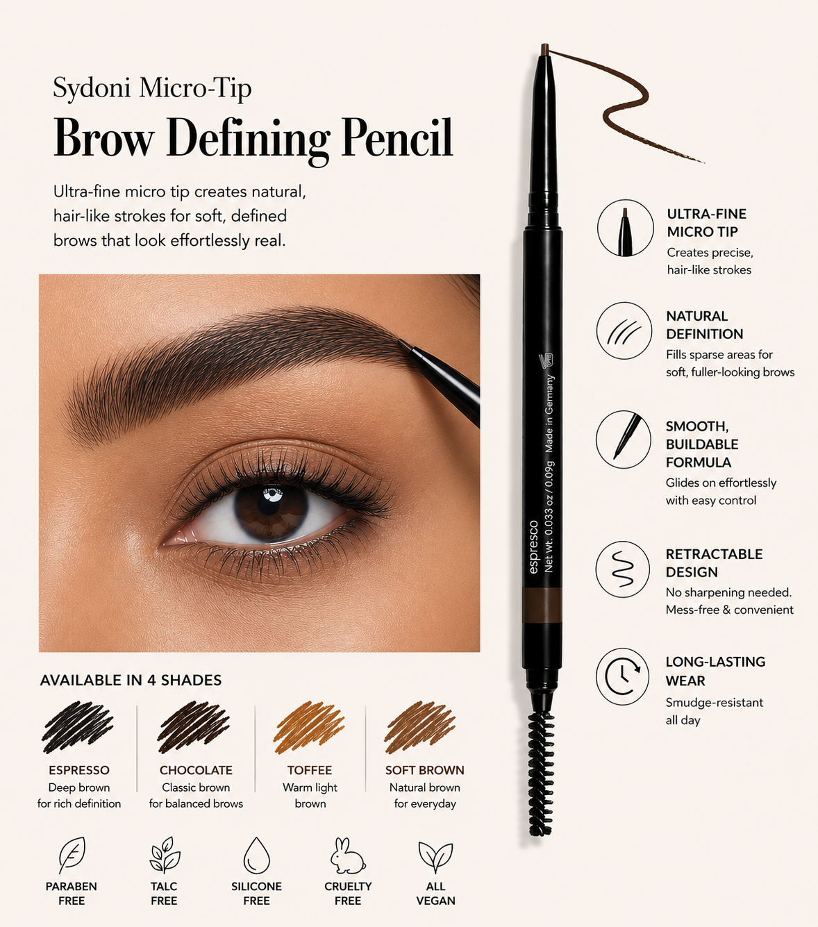 SYDONI MICRO-TIP BROW DEFINING PENCIL | Precision Natural Brows (6 Shades)