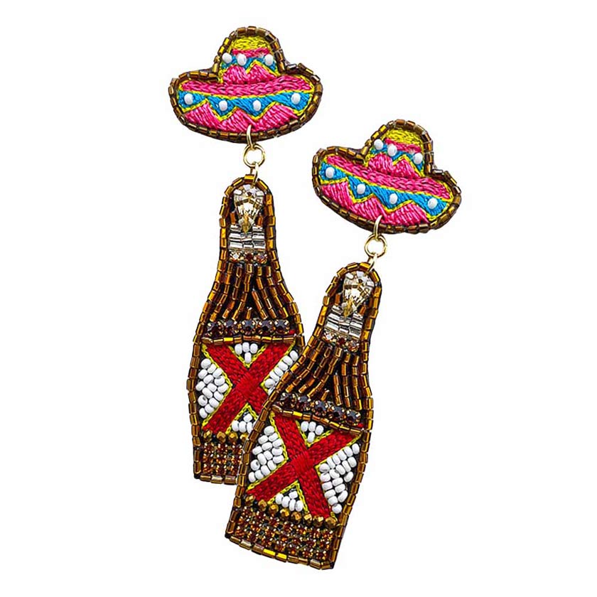 Felt Back Embroidery Hat Beaded Champagne Dangle Earrings