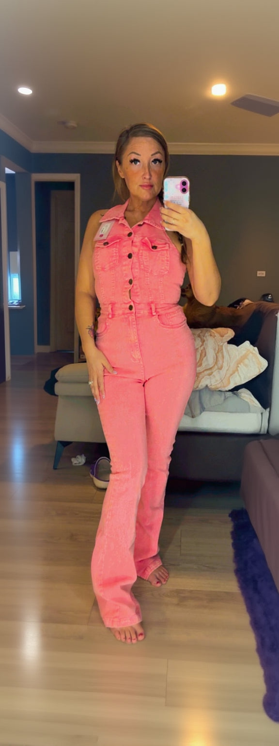 Pink Denim Halter Jumpsuit - Bold & Stylish