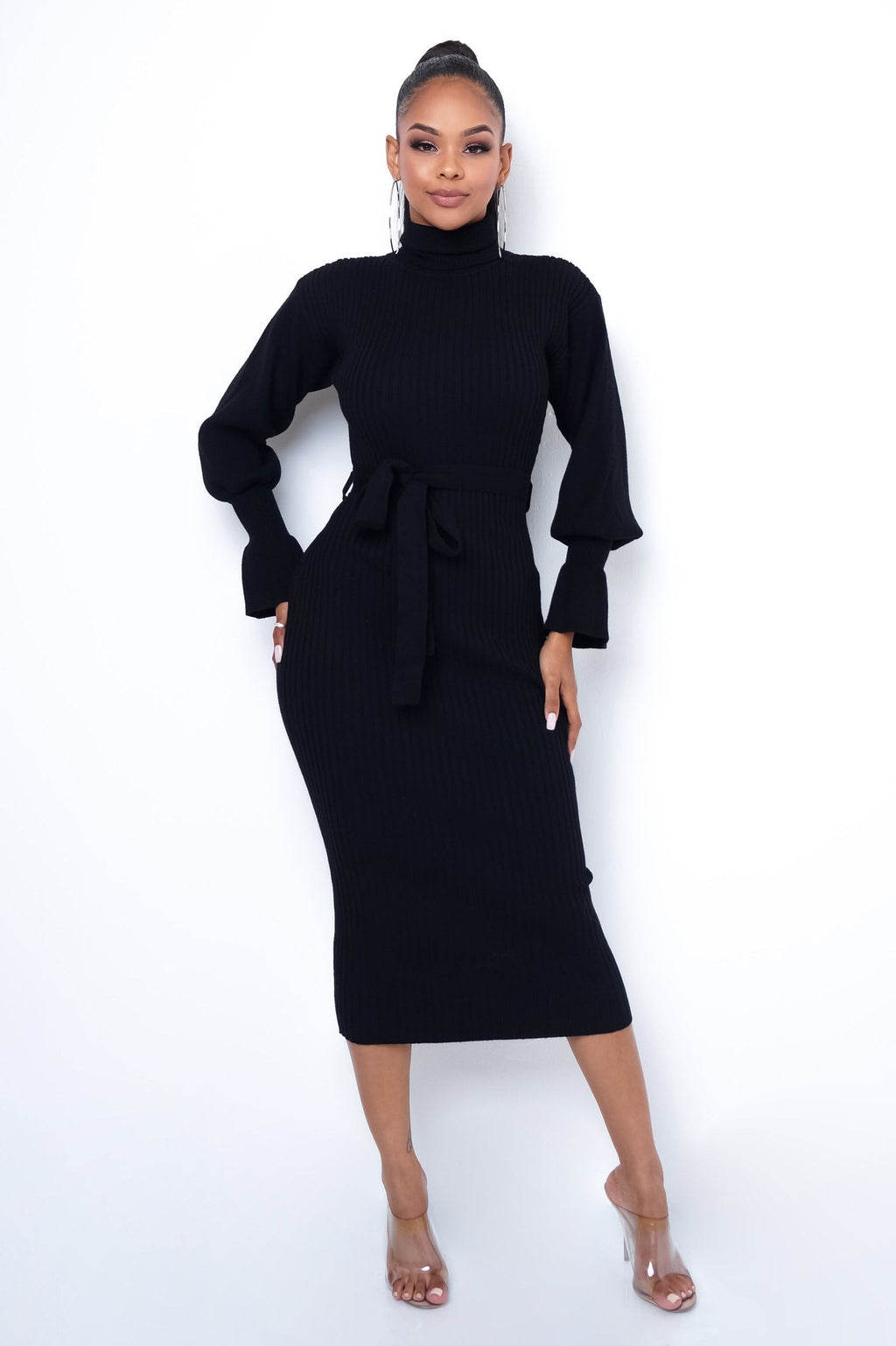 Black Smocked Neck Midi Dress