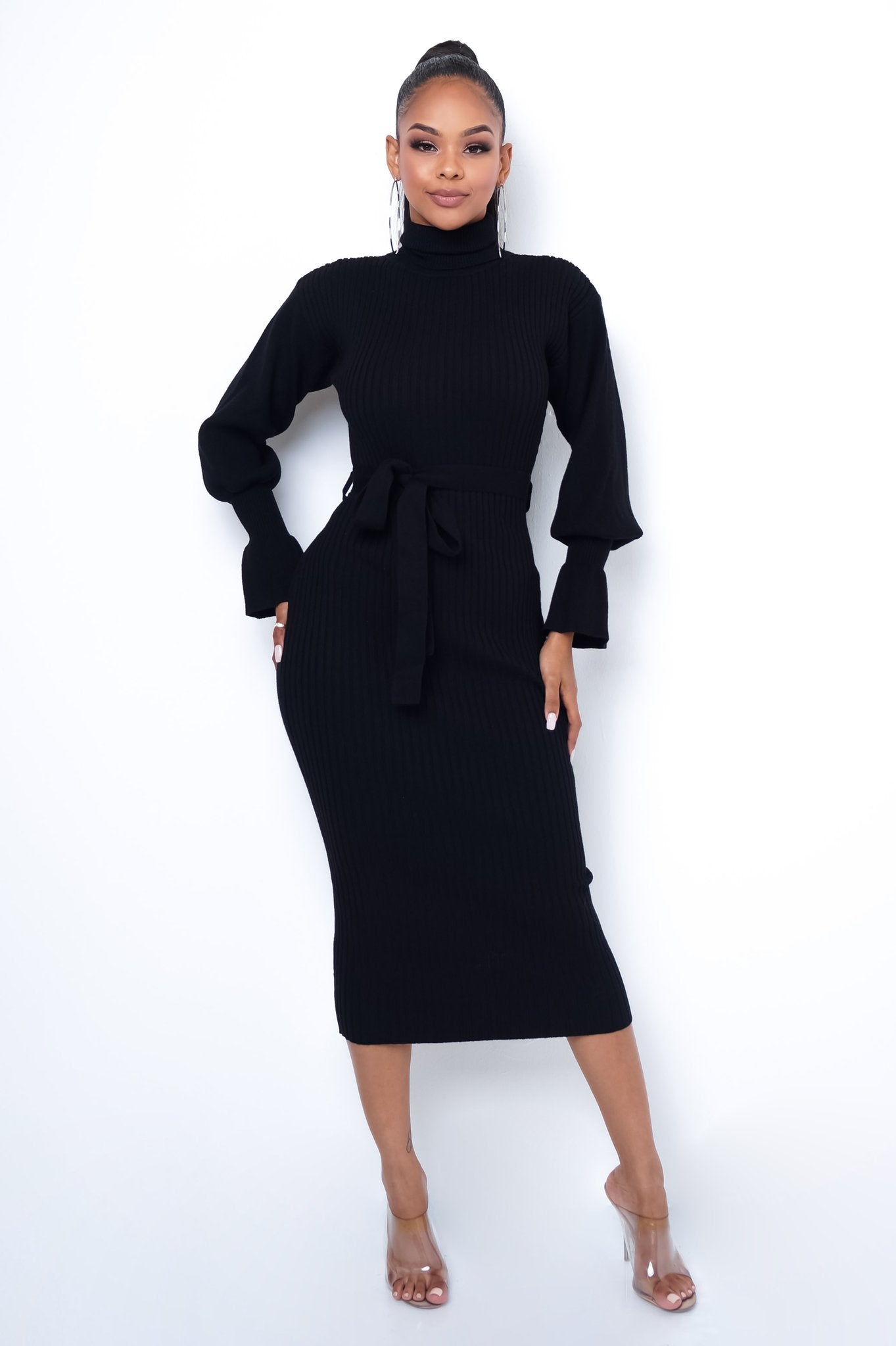 Black Smocked Neck Midi Dress