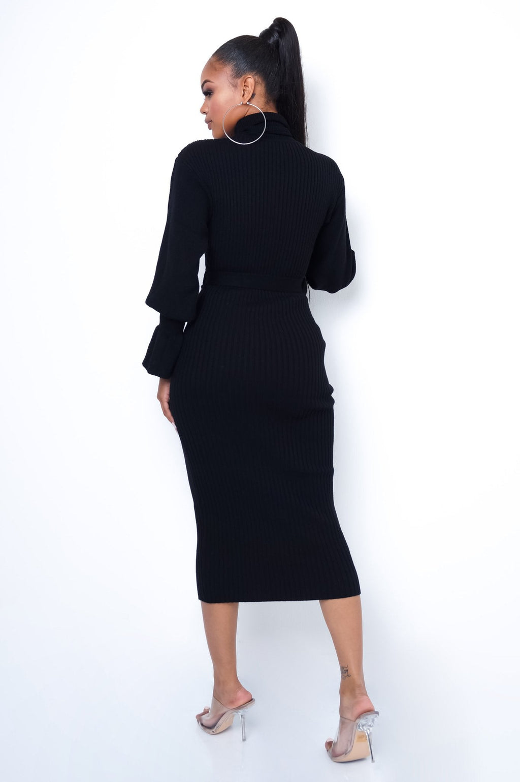 Black Smocked Neck Midi Dress