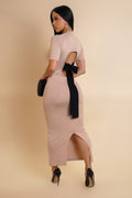 Bowtied Back Midi Dress-Beige