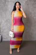 Pending Sunset Midi Ruched Colorblock Dress