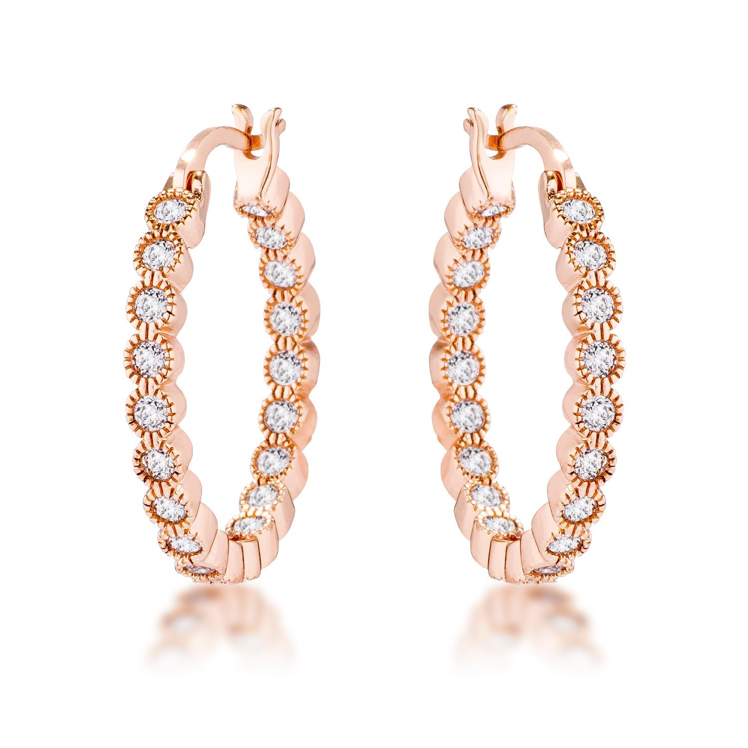 Dotted CZ Round Bezel Hoop Earrings