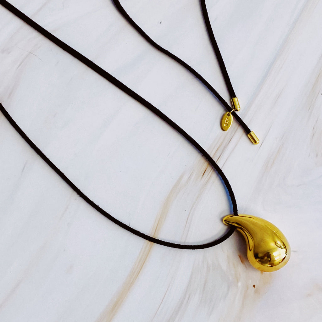 Black Leather Teardrop Necklace