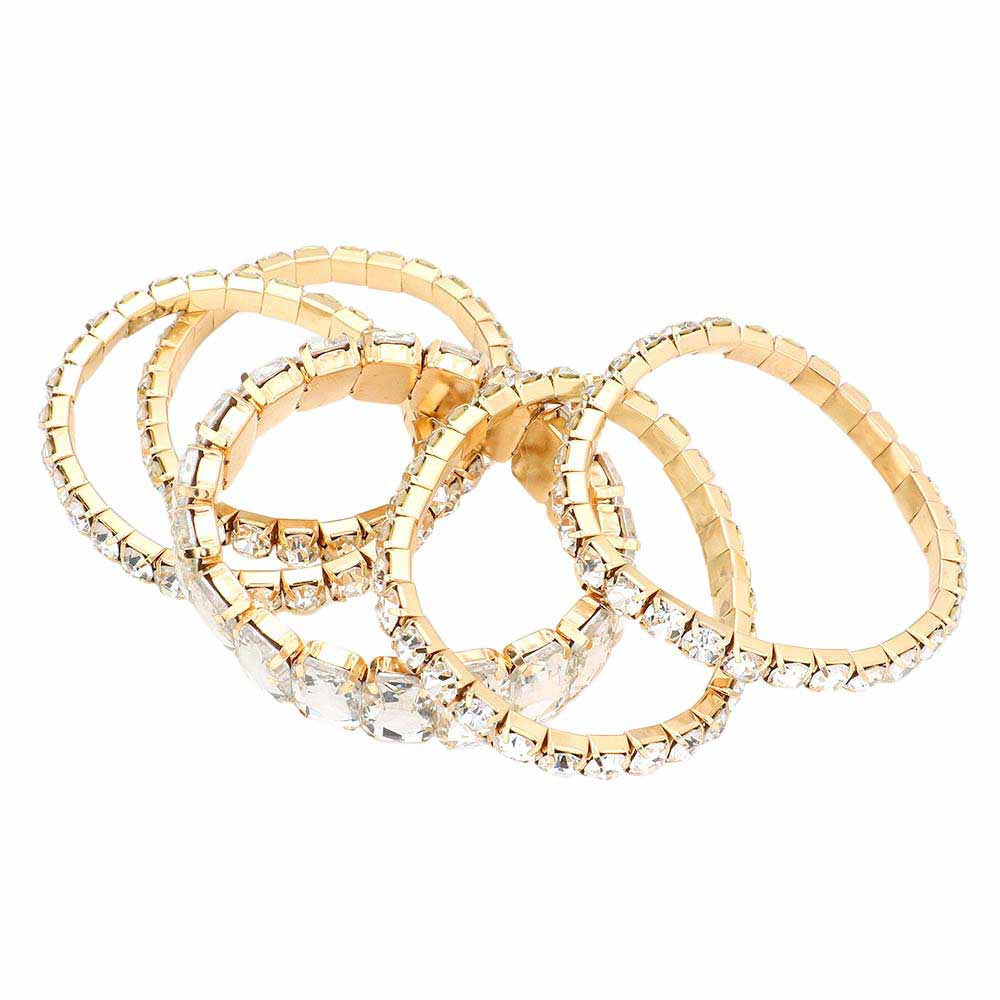 5Pcs Rectangle Round Stone Stretch Multi Layered Bracelets