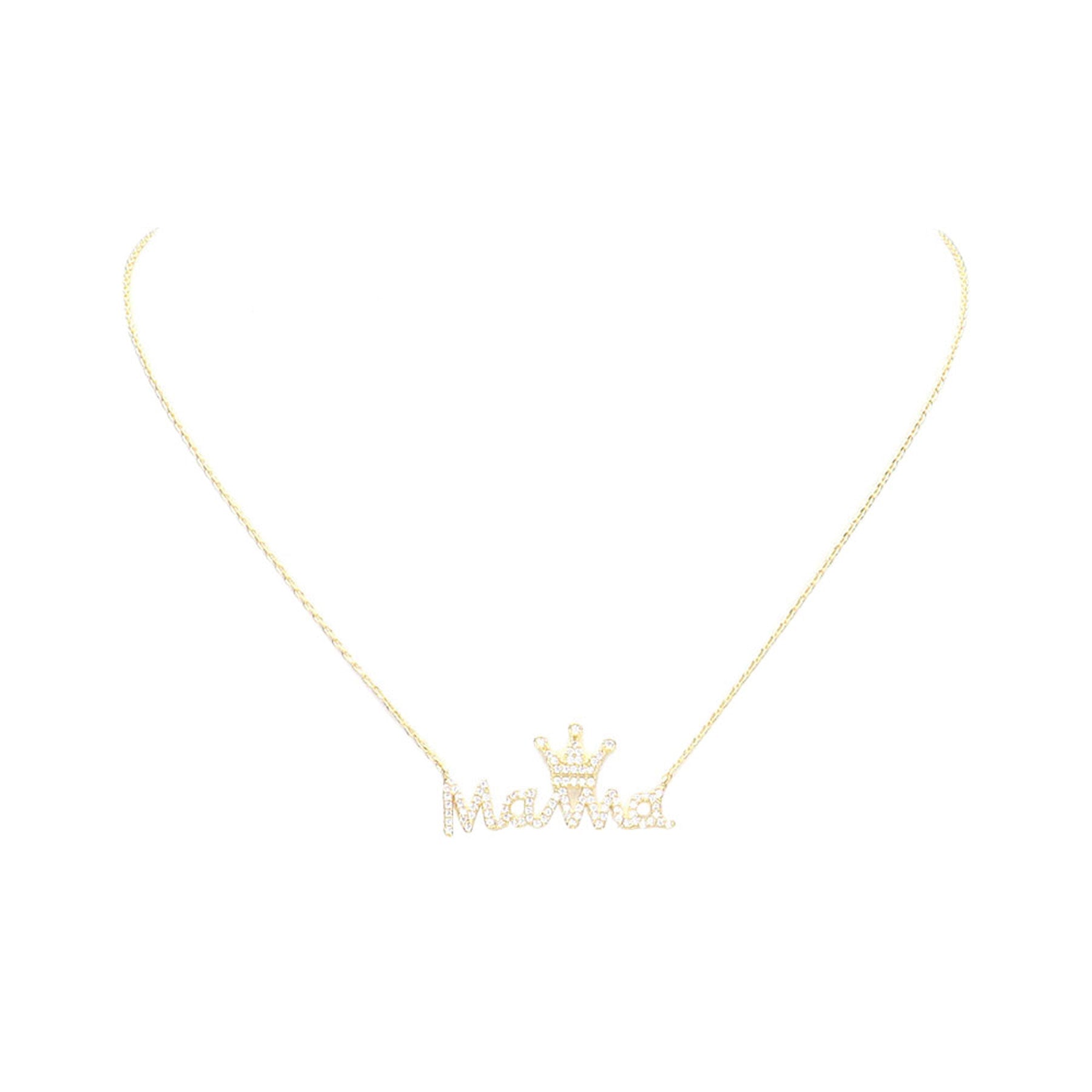 Gold Dipped CZ Crown MAMA Message Pendant Necklace