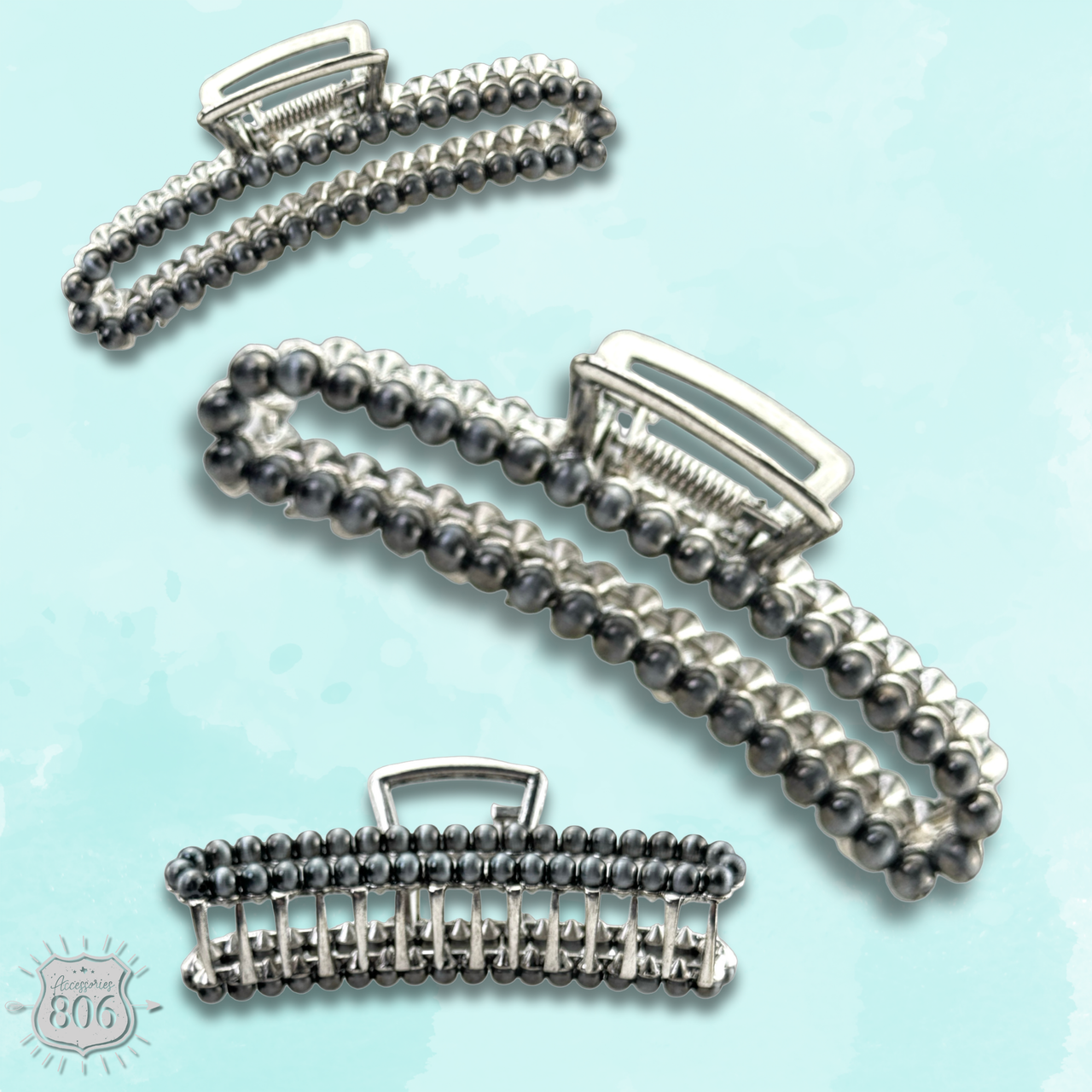 Large silver bead rectangle hair clip