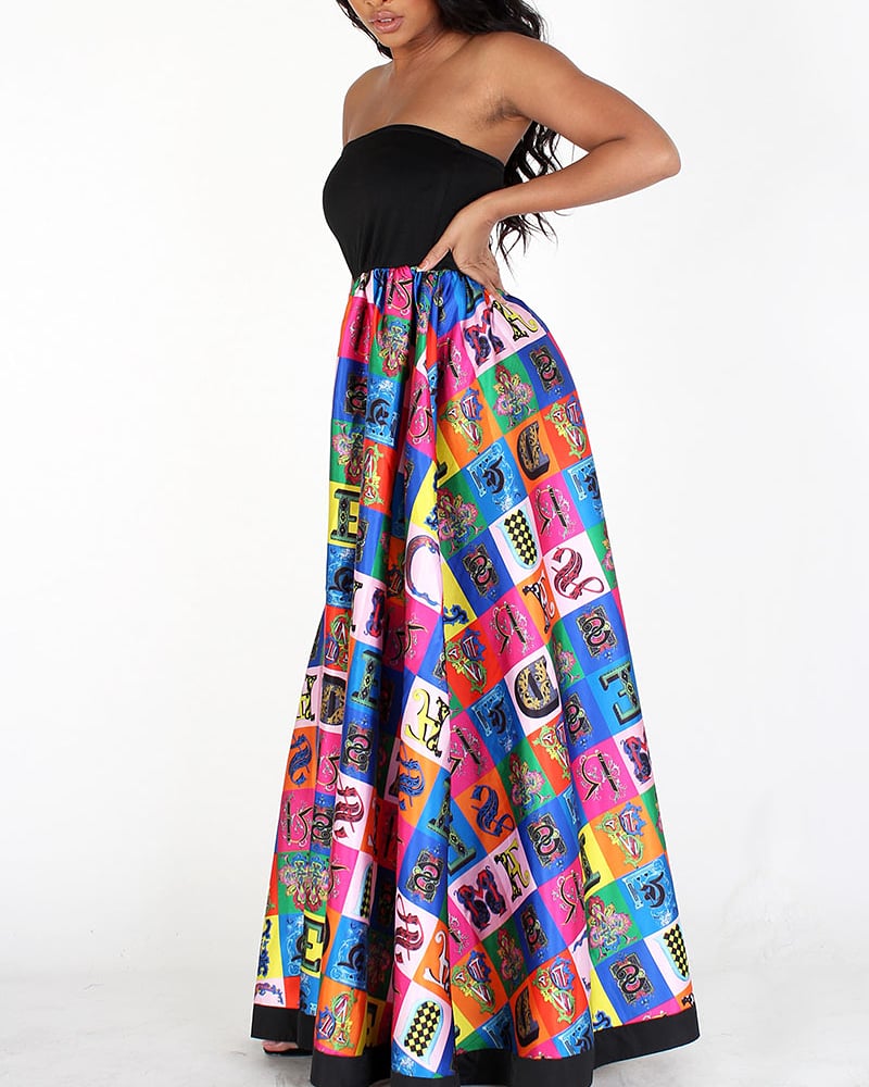 Black & Multicolor Multiprint Tube Maxi  Dress