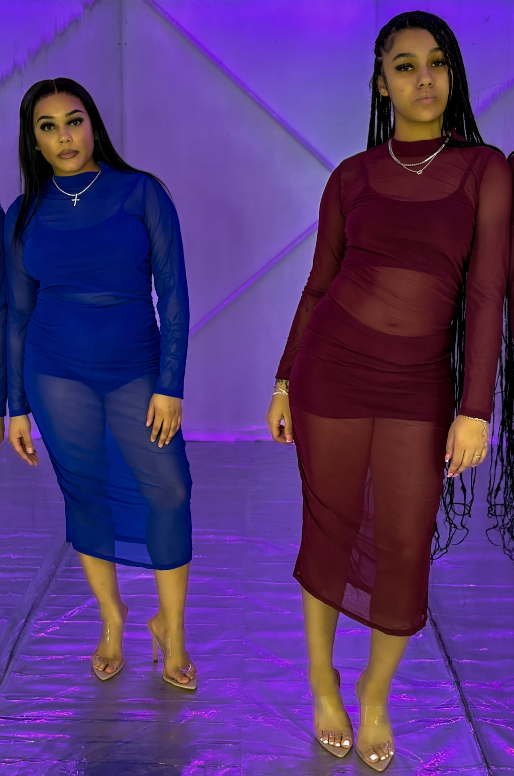 Triple Threat Mesh Magic: 3-Piece Crop Top, High Waist Shorts & Sheer Dress Set
