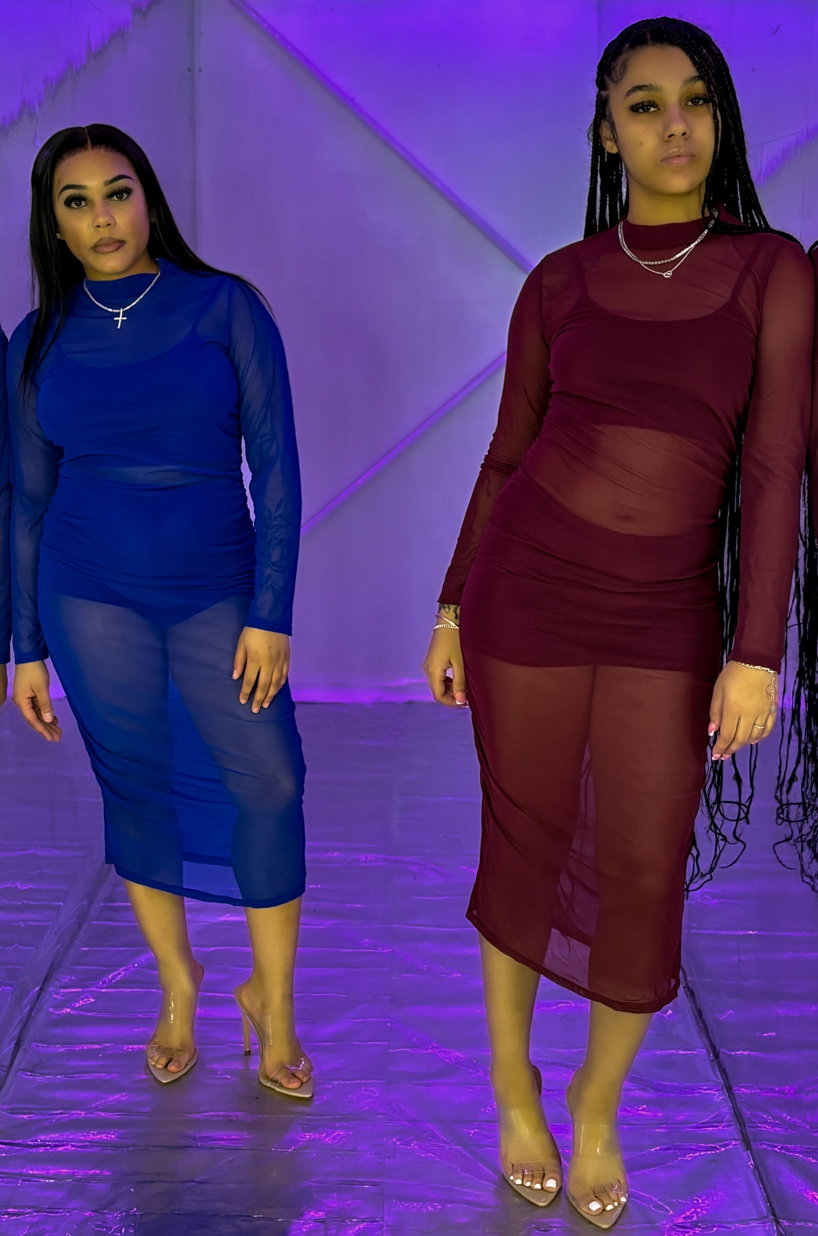 Triple Threat Mesh Magic: 3-Piece Crop Top, High Waist Shorts & Sheer Dress Set