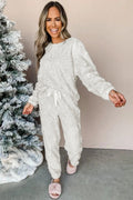 Lolita-Light Grey Leopard Textured Loose Fit Fleece Lounge Set