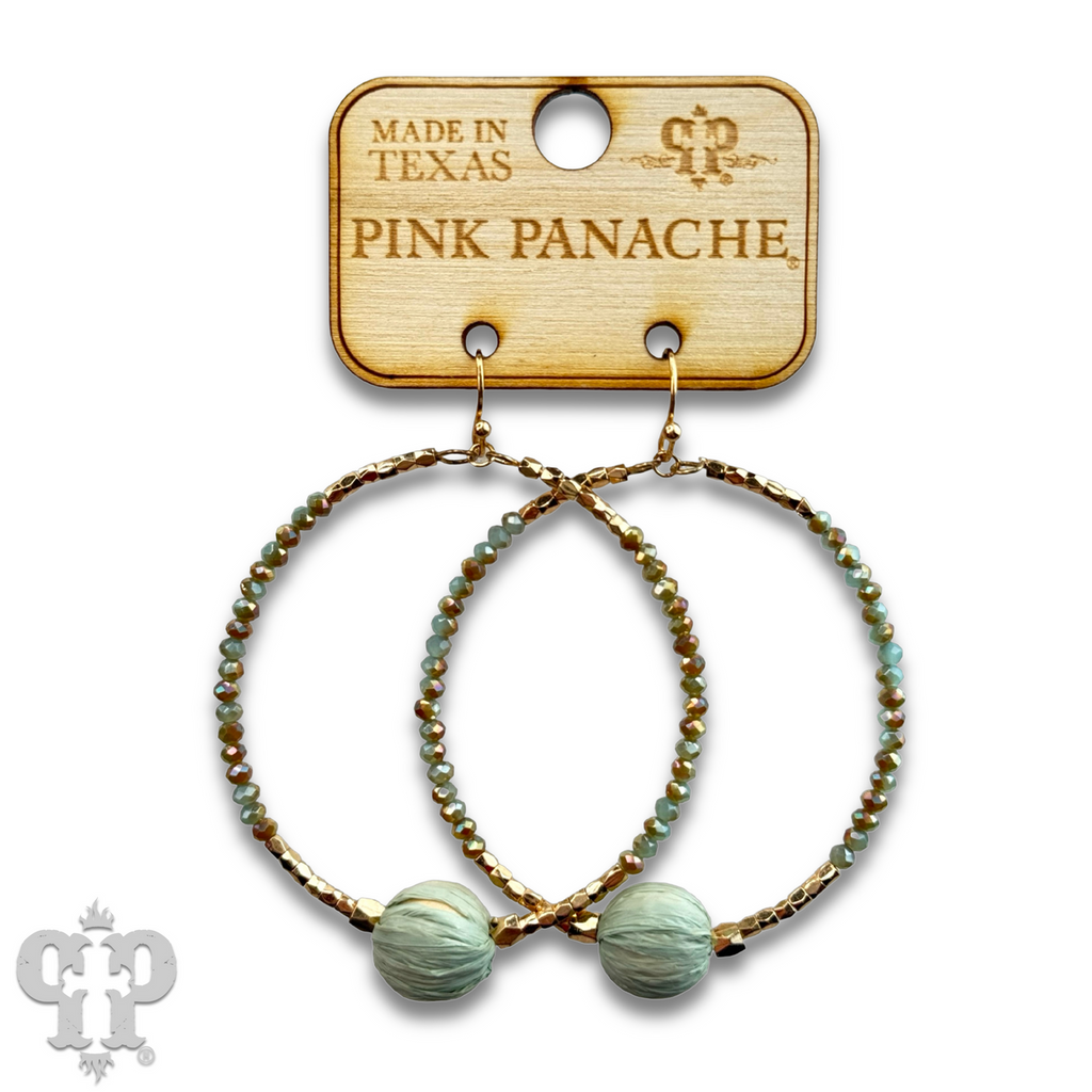 Seed bead circle earring with raffia bead and Austrian crystal - last call