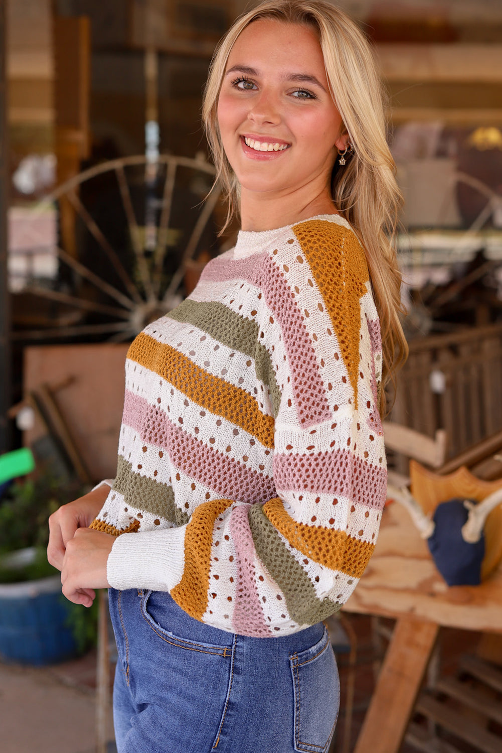 Sandra- Multicolor Striped Hollowed Knitted Loose Sweater