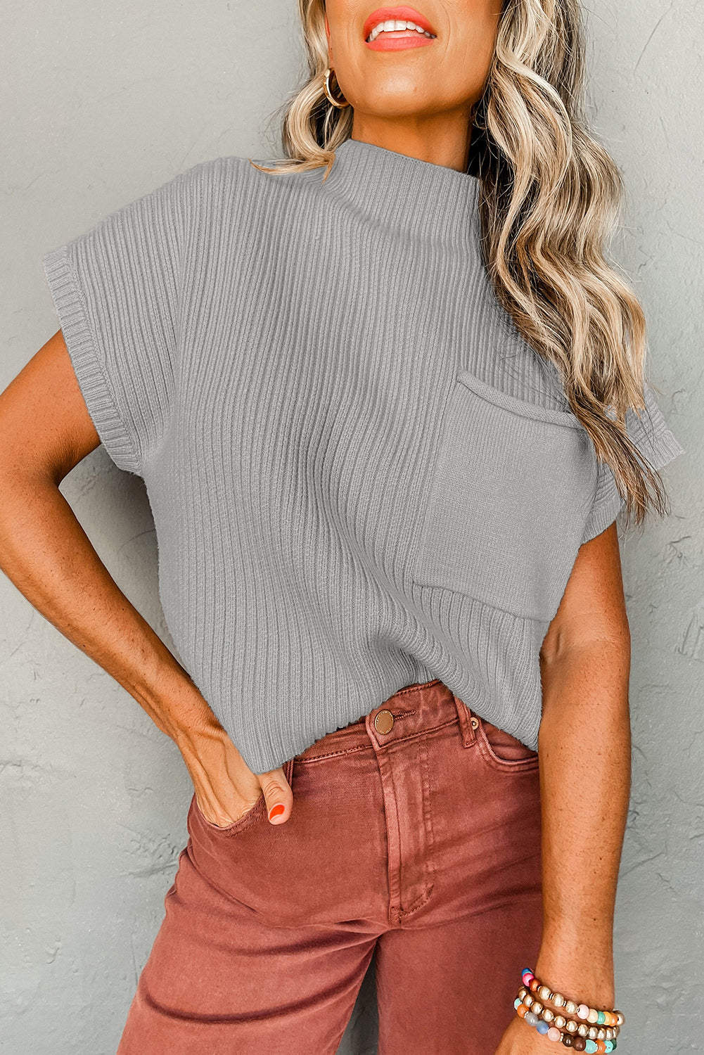 Ollie - Patch Pocket Ribbed Knit Short Sleeve Sweater