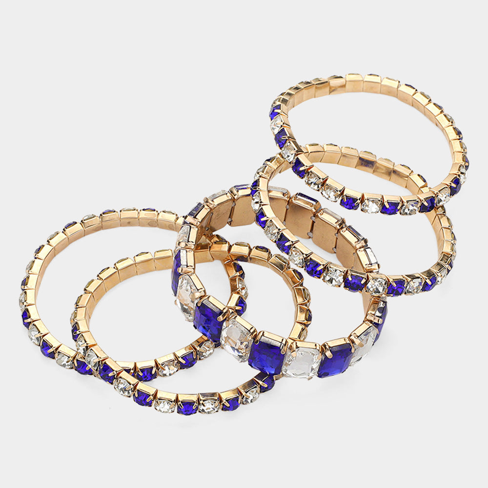 5Pcs Rectangle Round Stone Stretch Multi Layered Bracelets