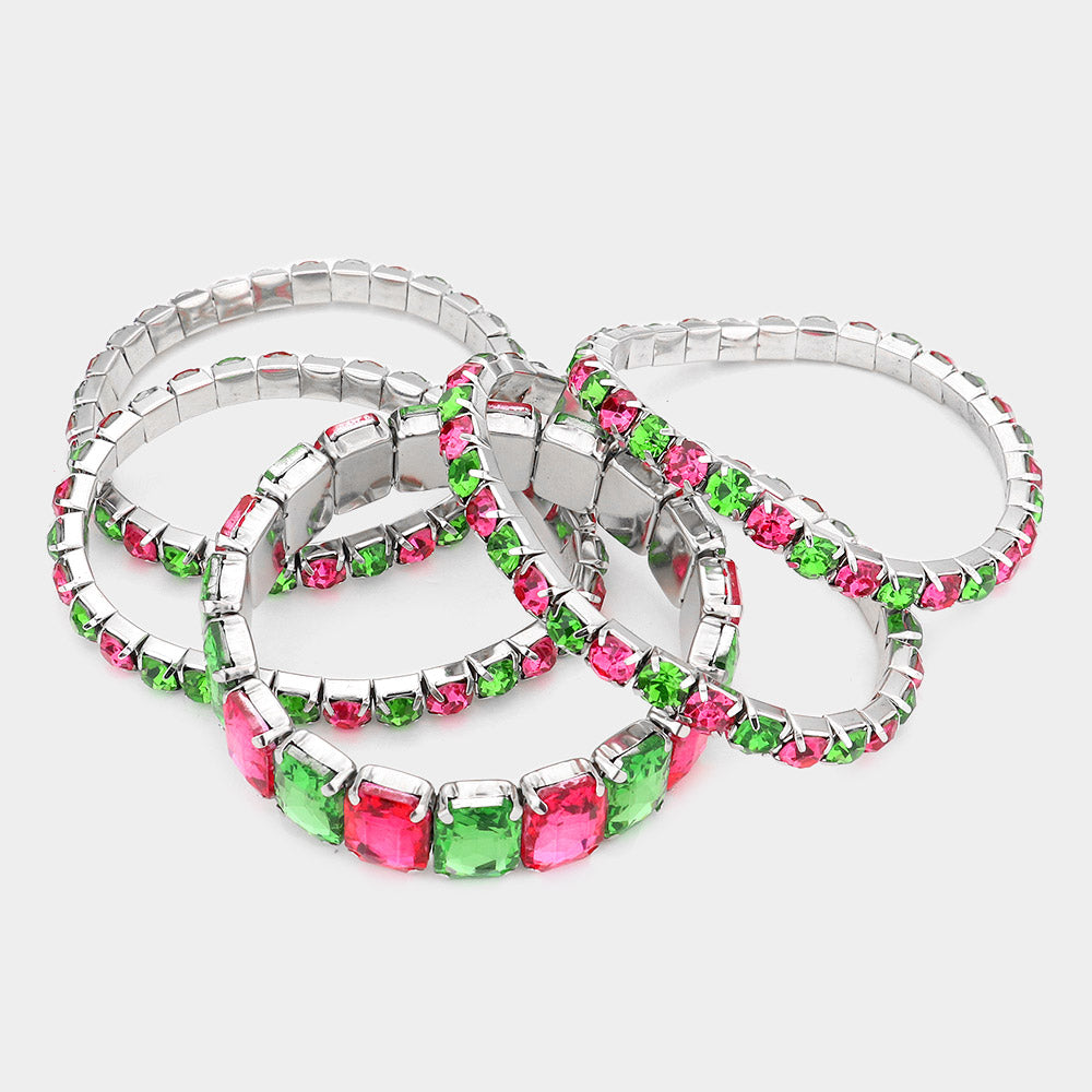 5Pcs Rectangle Round Stone Stretch Multi Layered Bracelets