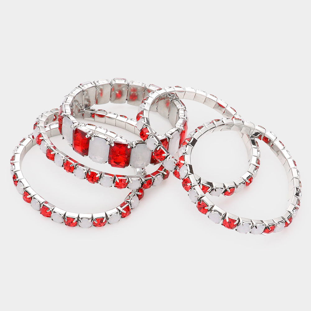 5Pcs Rectangle Round Stone Stretch Multi Layered Bracelets