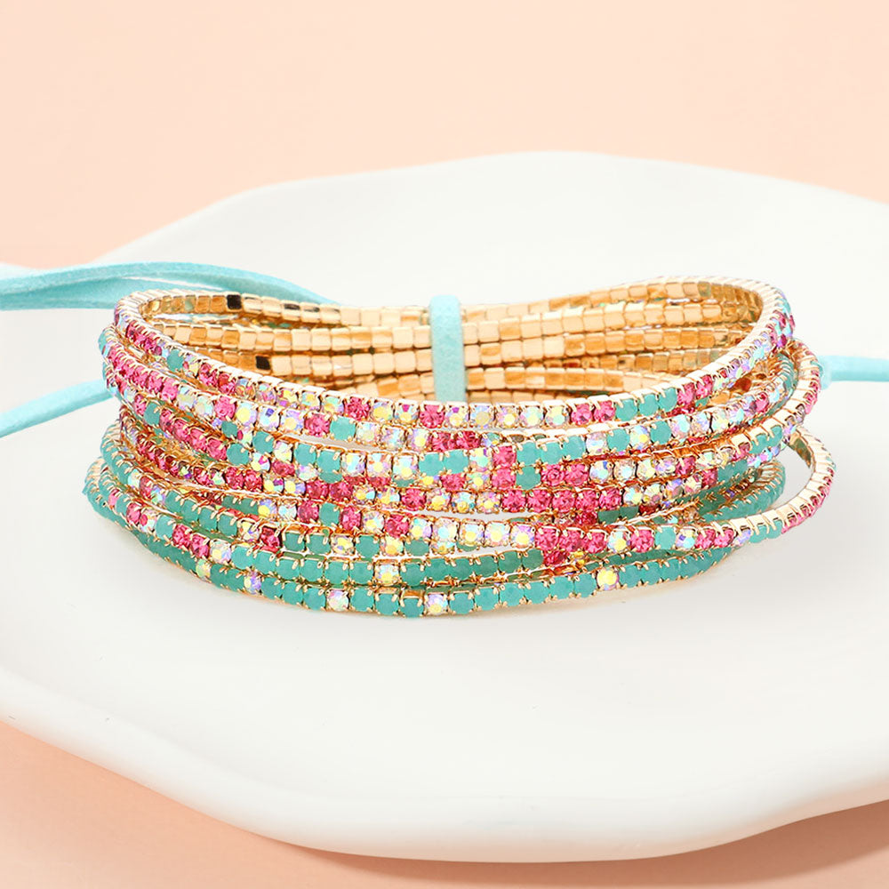 12PCS Ribbon Colorful Rhinestone Layered Stretch Bracelets
