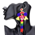 Flower Pom Pom Beaded Tassel Earrings