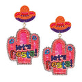 Lets Fiesta Felt Back Sequin Beaded Cactus Dangle Earrings
