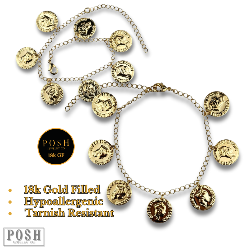 Coin charm bracelet, 18k gold filled
