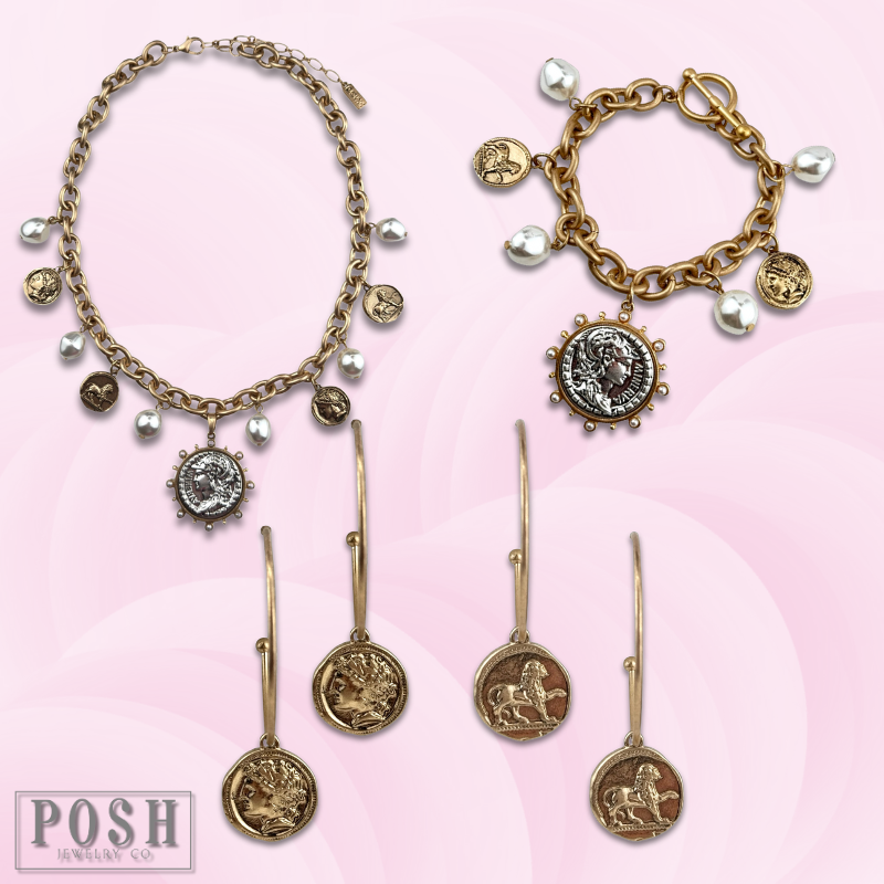 Coin and pearl bead charm necklace