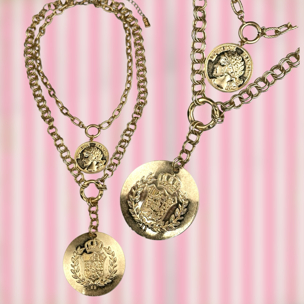 Double coin charm gold chain pendant necklace - LC