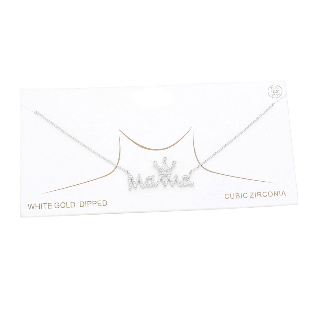 Gold Dipped CZ Crown MAMA Message Pendant Necklace
