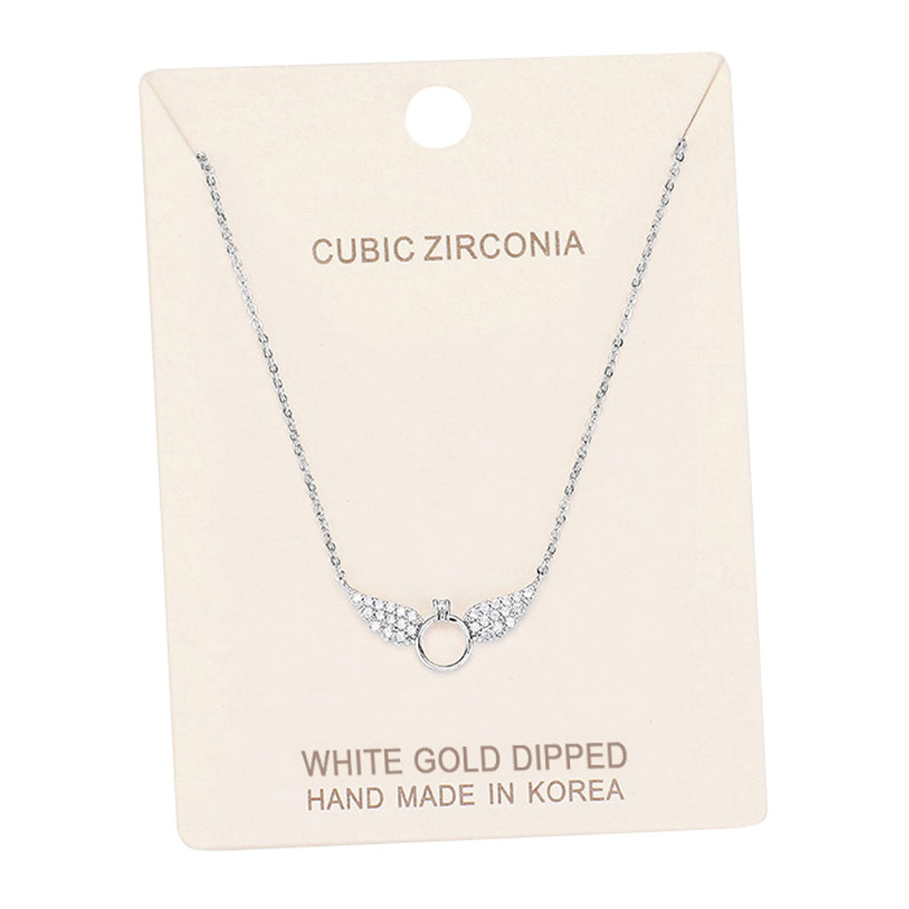 White Gold Dipped Cubic Zirconia Wings Pendant Necklace