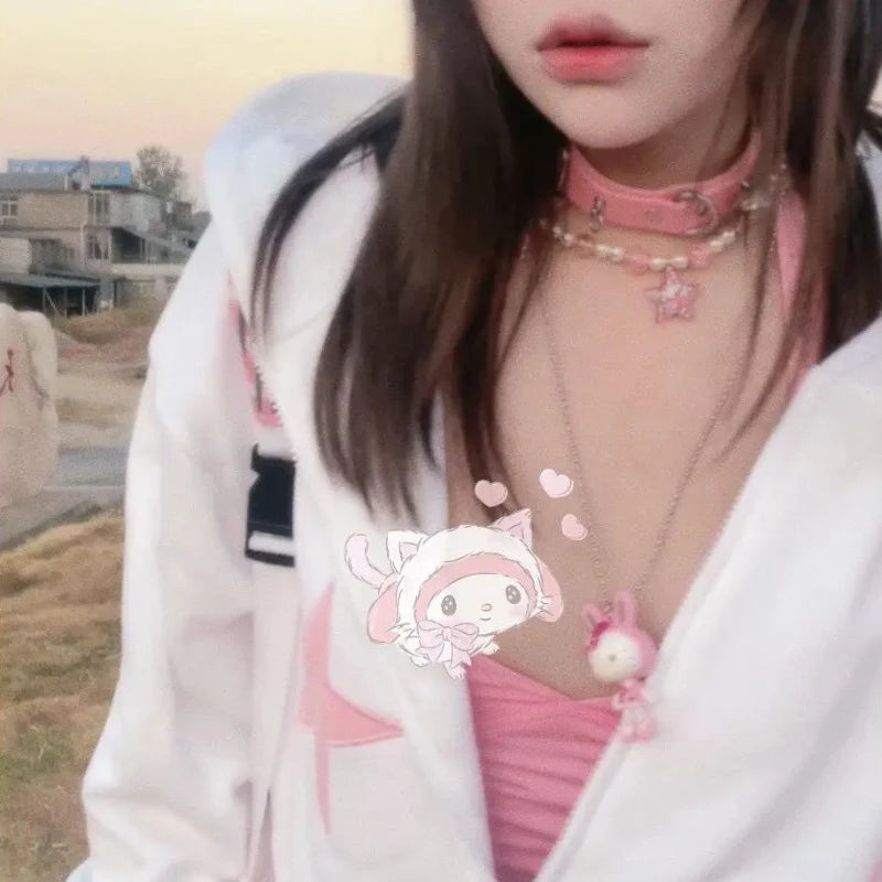White & Pink Star Headphones Hoodie