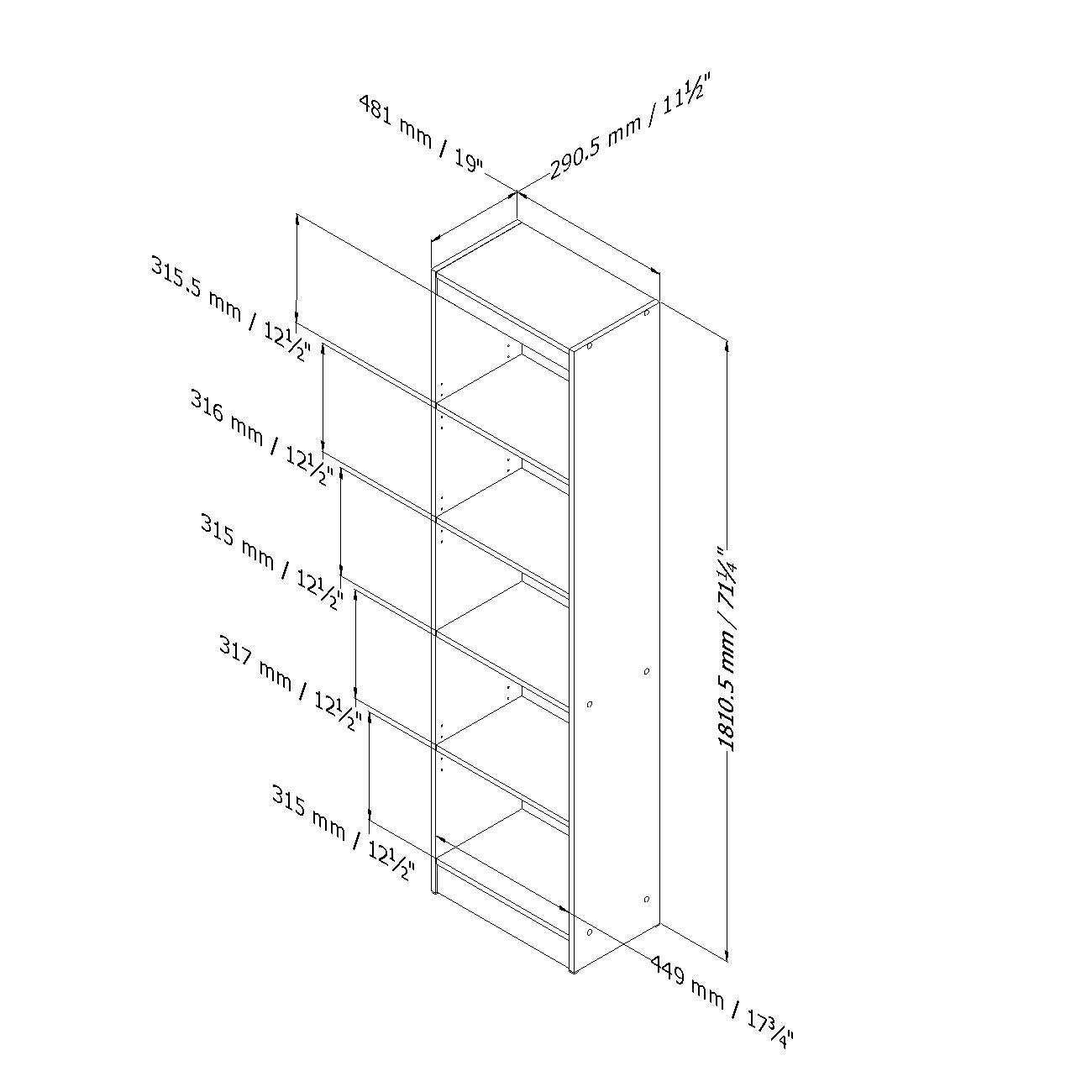 5-Shelf Narrow Bookcase Black Finish