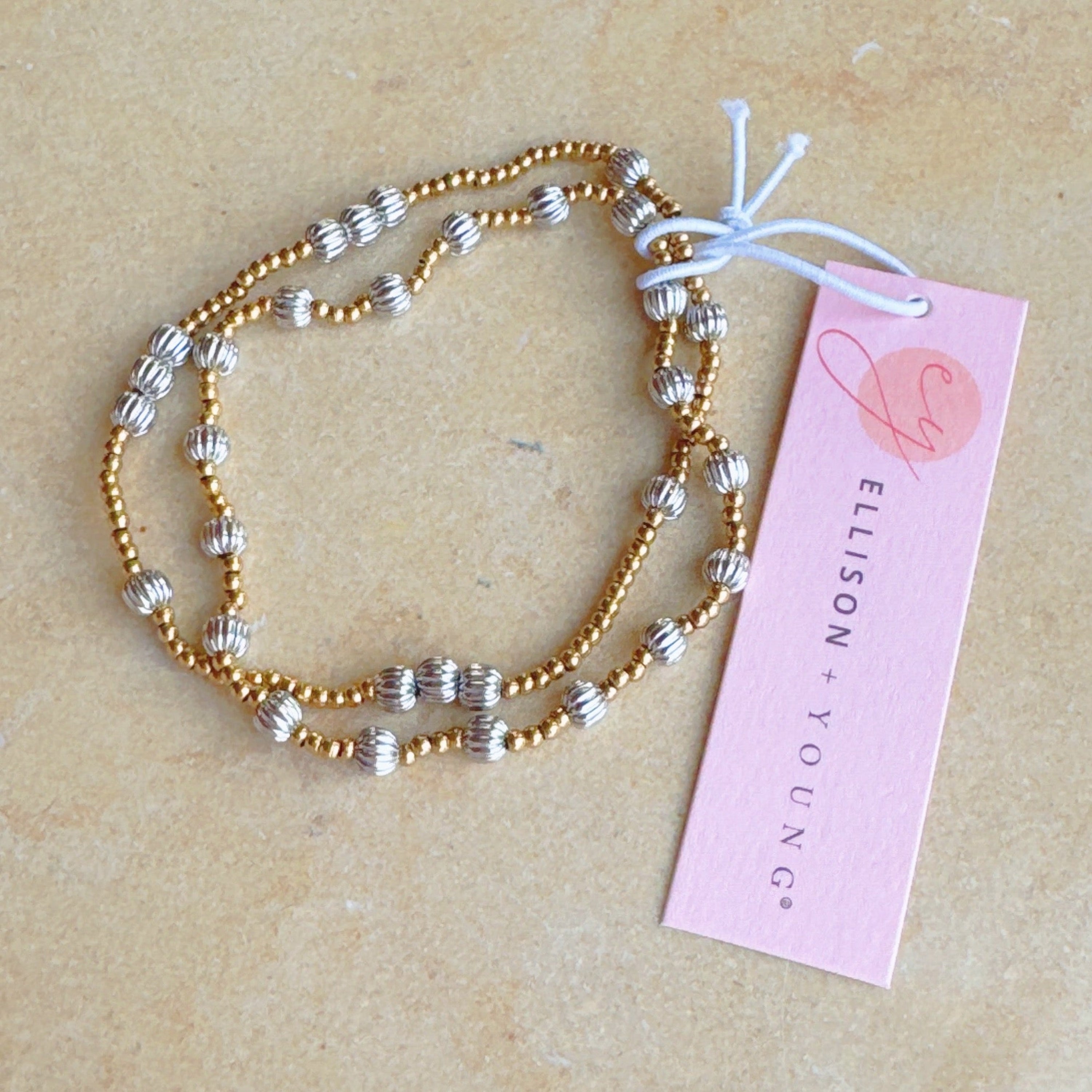 Two Toned Beads Stretch Bracelet Set Of 2
