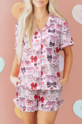 Elsie - Pink Cute Ribbon Bows Printed Short Pajama Set