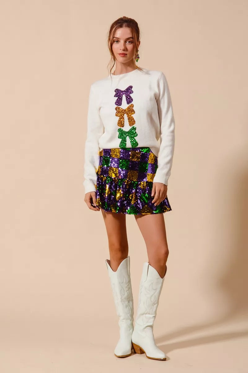 SO ME Mardi Gras Checker Sequins Mini Skirt For Women Sparkling Festive Party Statement