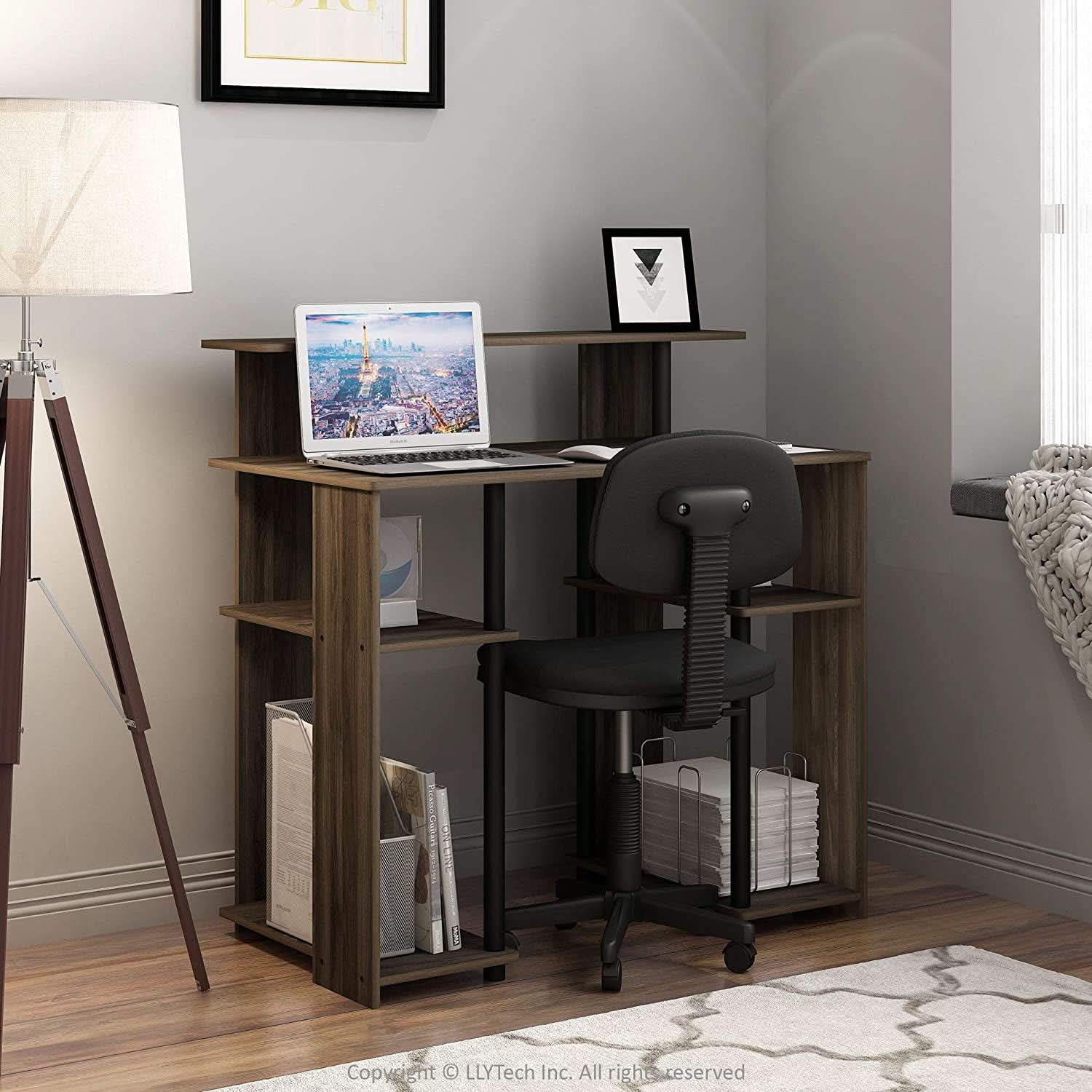 Walnut Black Writing Desk With Shelves And Printer