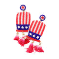 American USA Flag Seed Bead Hat Triple Ombre Tassel Earrings