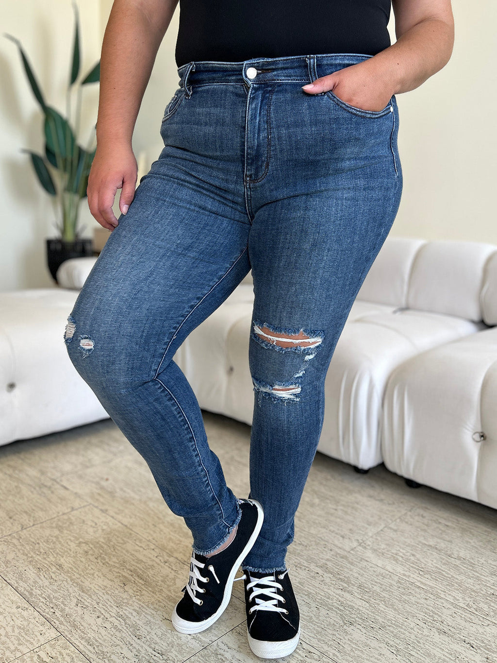 Judy Blue High Waist Distressed Skinny Jeans for Women Size Down Fit with Effortless Comfort