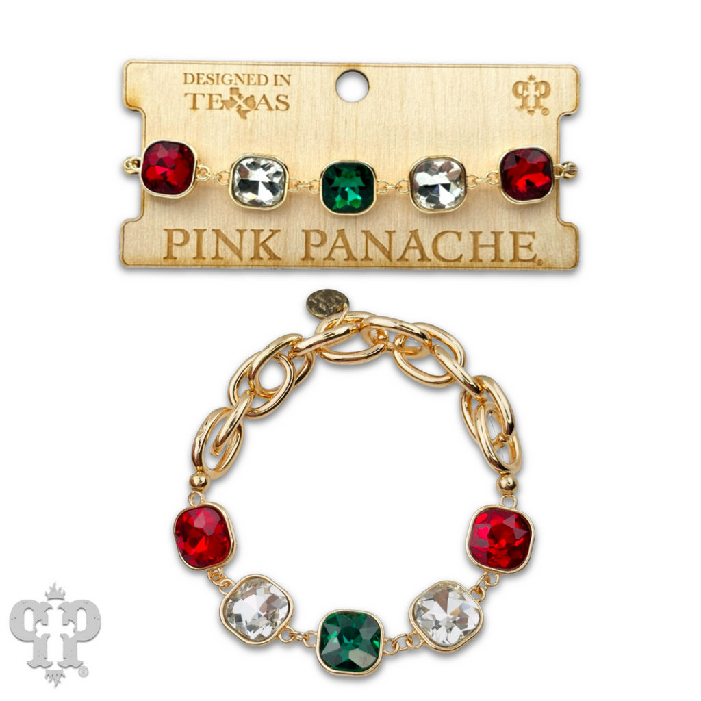 Square multi-color rhinestone and stretch gold tone curvy bracelet