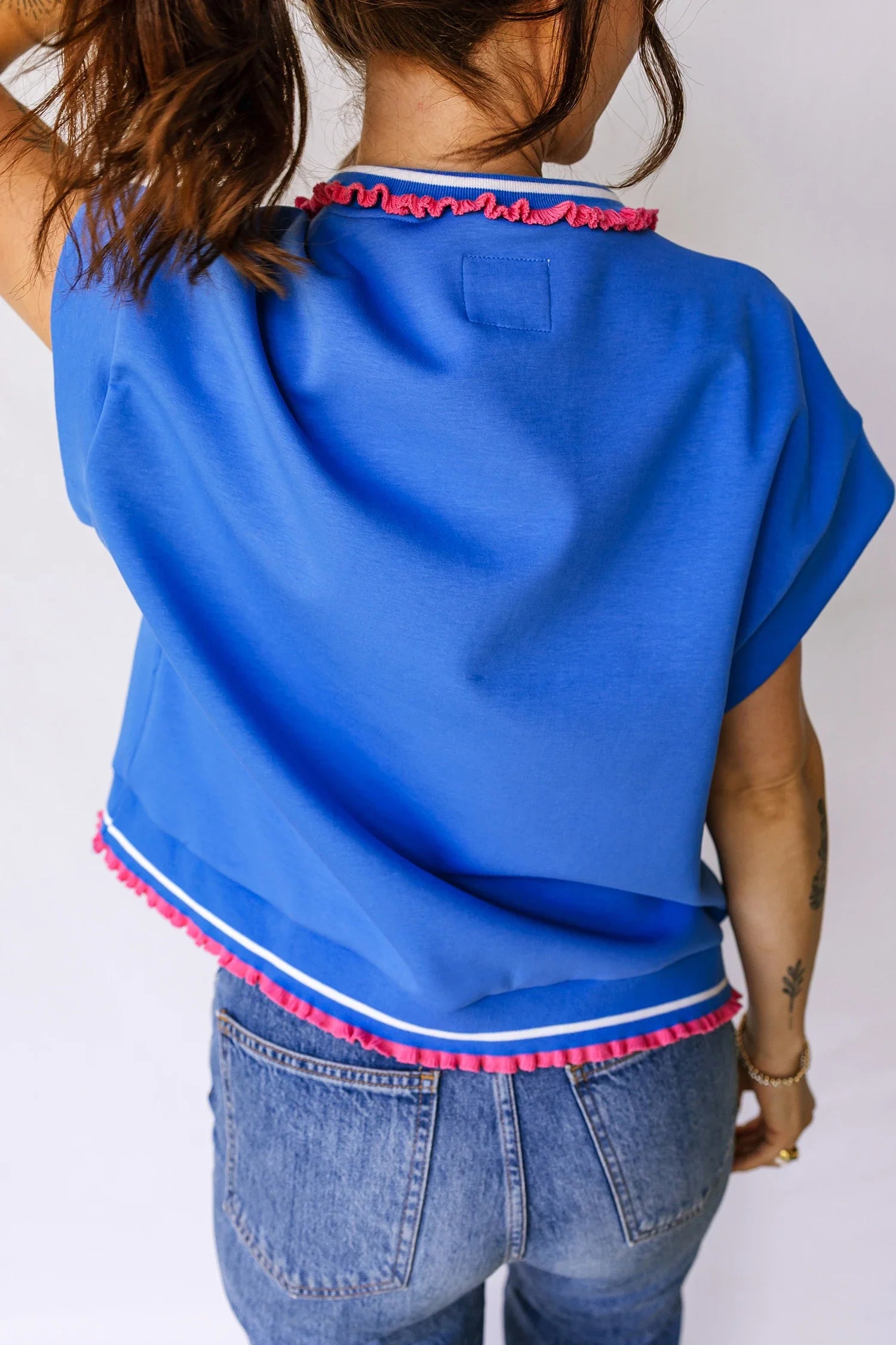 Sarah - Sky Blue Contrast Frilled Trim Button Collared Short Sleeve Knit Top