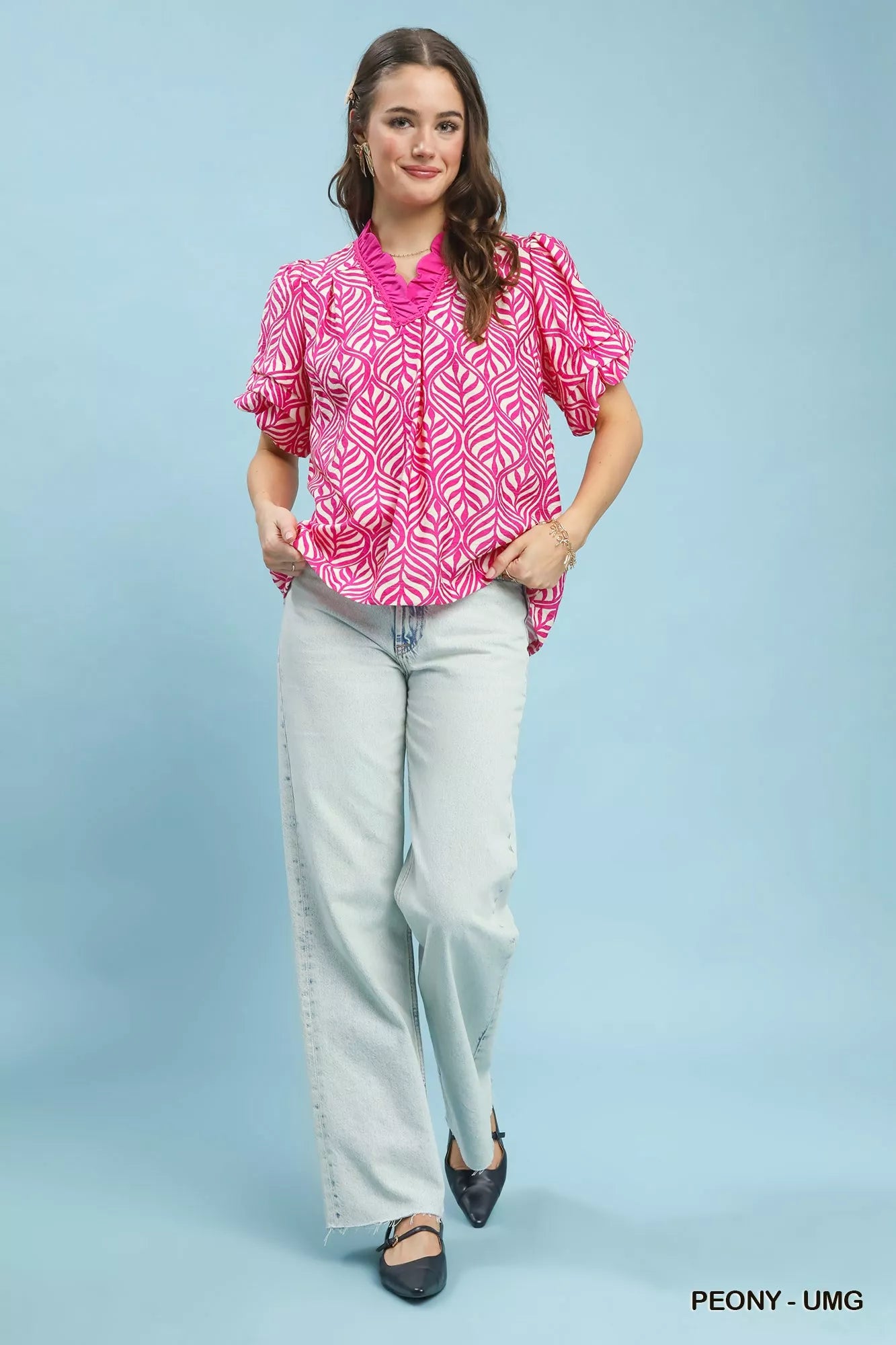 Umgee Printed Puff Sleeve Ruffle Neck Top