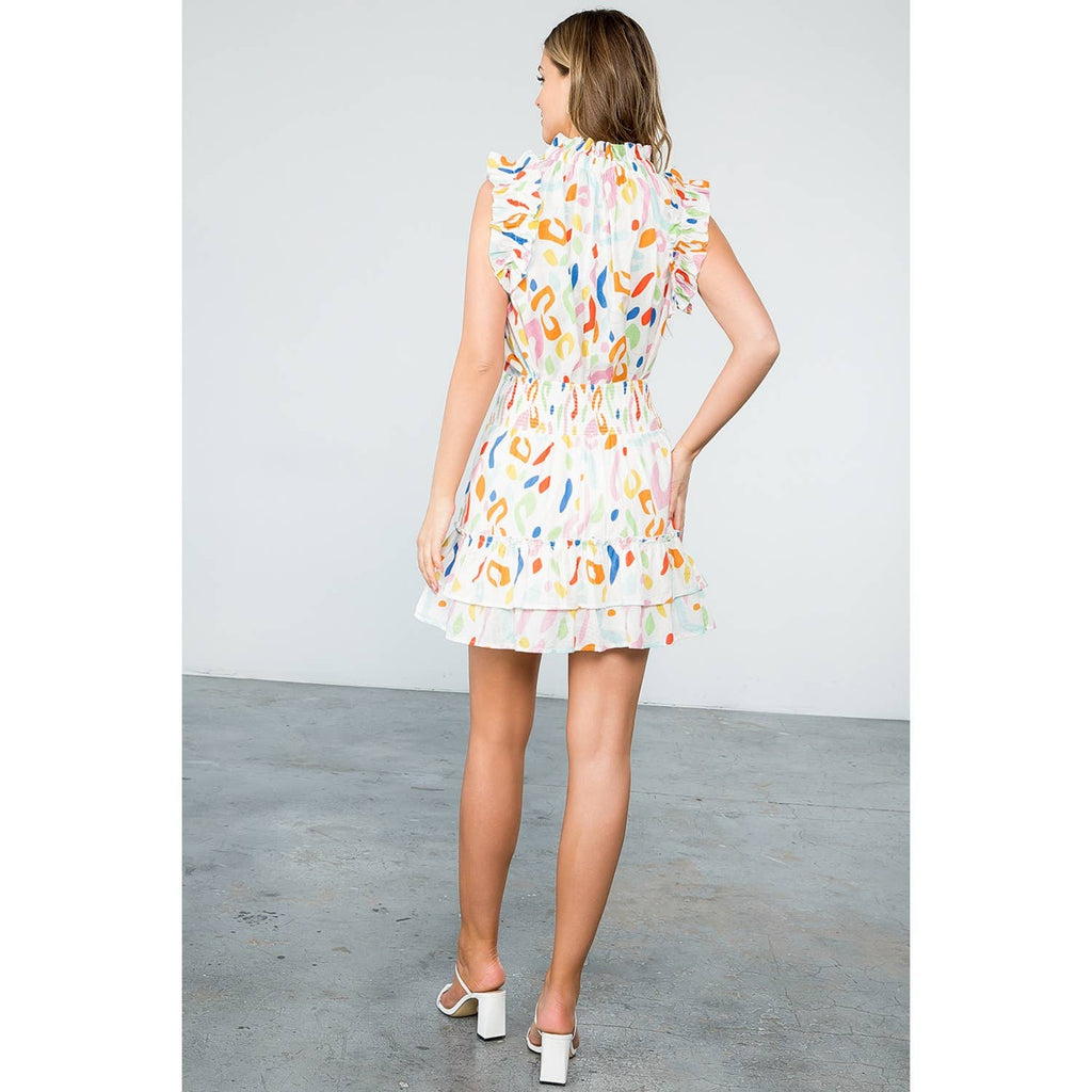 SAVANNAH- White Abstract Print Smocked Ruffle Skirt